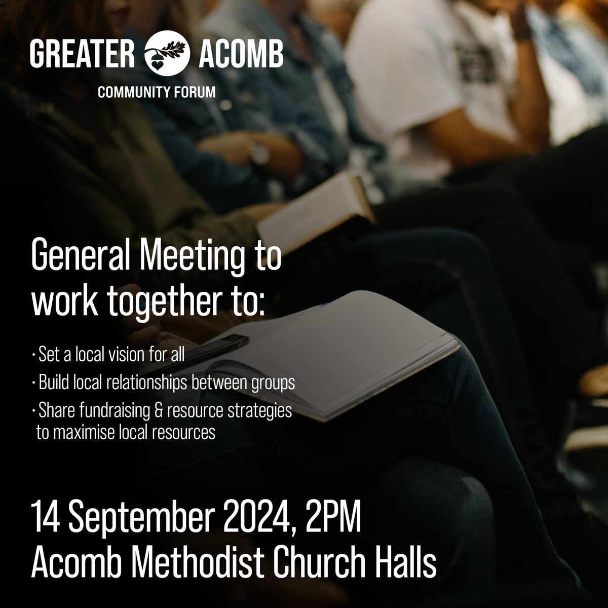 Join us at our General Meeting on 14th September at 2pm at Acomb Methodist Church Halls to come together to set our own vision, maintain, and build our own community.

#acomb #community