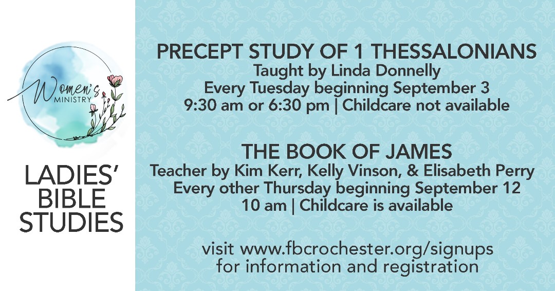 fbcrochester's tweet photo. Women's &amp; Men's Bible Studies will be starting up soon. You can register now for the class you would like to take. 
Registration and book information are all done on our website. 

Click Here: https://t.co/mUaif48Sh0 to get started. https://t.co/Ao1Vj0jeIi
