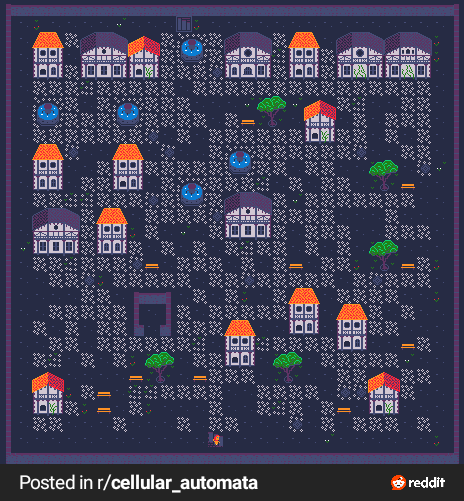 Saturn9110's tweet photo. Adding this from my reddit account. I #procedural generated this #pixelart town using #cellularautomata. I will use this for a level in my game "descent from Arkovs Tower" check it out on #Steam. #indiegames #love2d https://t.co/IynNKkhlII