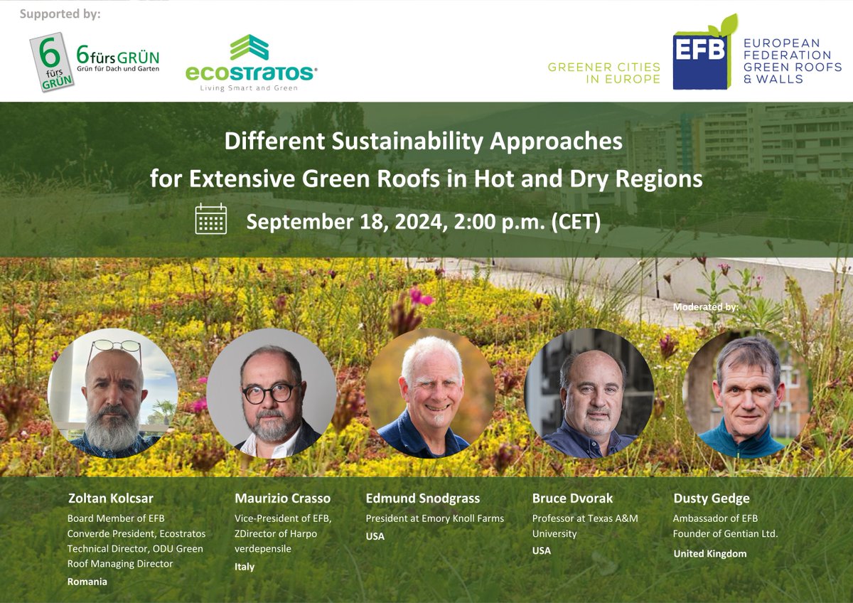 🌱 ☀️We are thrilled to invite you to our upcoming EFB Webinar: “Different Sustainability Approaches for Extensive Green Roofs in Hot and Dry Regions”! 
🗓️ 18th September 2024
🕑 2:00 p.m. (CET)
🔗 Register now at Connecting Nature Enterprise Platform: lnkd.in/dqC-scQY