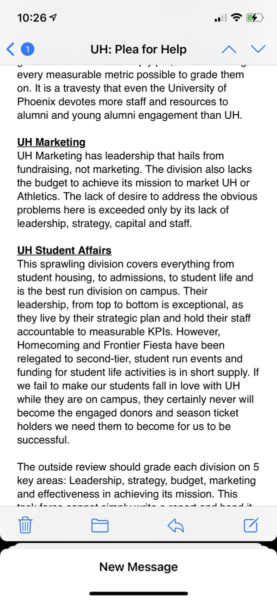 Char1esH's tweet photo. Sept ‘21 I emailed our top 200 donors pleading w them to pressure @UHpres to fix the systemic issues plaguing our athletics dept. I was crucified for it by Renu’s team and it ignited a conflict that ultimately led to @UHSGA &amp; SFAC forcing Pez’s termination. (1/2) https://t.co/lzRIOIQvwD