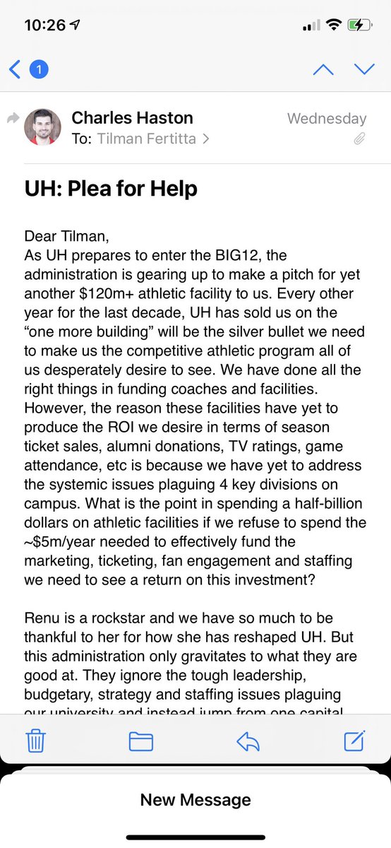 Char1esH's tweet photo. Sept ‘21 I emailed our top 200 donors pleading w them to pressure @UHpres to fix the systemic issues plaguing our athletics dept. I was crucified for it by Renu’s team and it ignited a conflict that ultimately led to @UHSGA &amp; SFAC forcing Pez’s termination. (1/2) https://t.co/lzRIOIQvwD