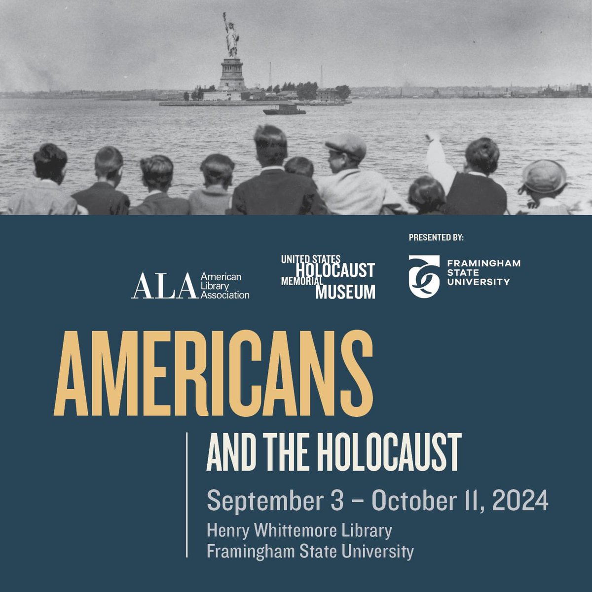 FraminghamU's tweet photo. Starting this Tuesday, September 3, Americans and the Holocaust will be at @whittemorelib through October 11th. In addition, there will be a series of related special events hosted during this time.
To read more, click here: https://t.co/ZvocFaoJ2d
#FraminghamState #FSURams https://t.co/PEwgEEAAIH
