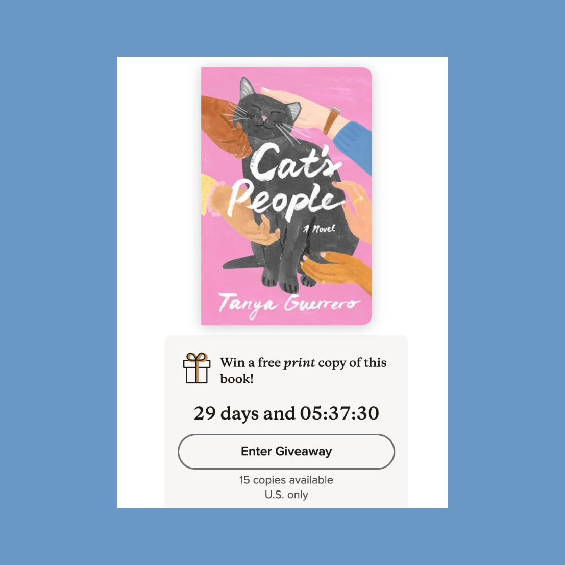 US readers! Head on over to Goodreads for a chance to win a copy of CAT’S PEOPLE. The giveaway will be ongoing through the month of September. Good luck, ya’ll!