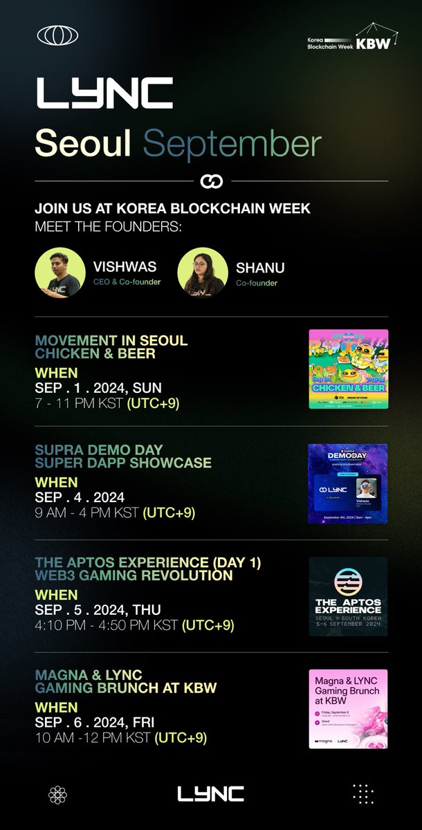 Lyncworld's tweet image. 🚀 Let’s LYNC at @kbwofficial in Seoul this September📌

Say Hi! To our founders, @BhushanVishwas &amp;amp; @Shanu12Joshi 🌐 💪

📅 Event Highlights:

Sep 1: @movementlabsxyz in Seoul - Chicken &amp;amp; Beer 🍗🍺
Sep 4: @SUPRA_Labs Demo Day - Super Dapp Showcase💡
Sep 5: The @Aptos Experience…