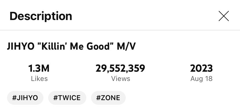 Killin' Me Good is (ONLY) 447K views away from 30 Million!! 🔥 

This is long overdue. Can ONCE help and stream for leadernim? A new release will be up on Friday for Tzu. Let's finish this off before D-Day! 💪🏻

📺 youtu.be/jyw_vrI4ySg?si…

#JIHYO #지효 #ジヒョ
