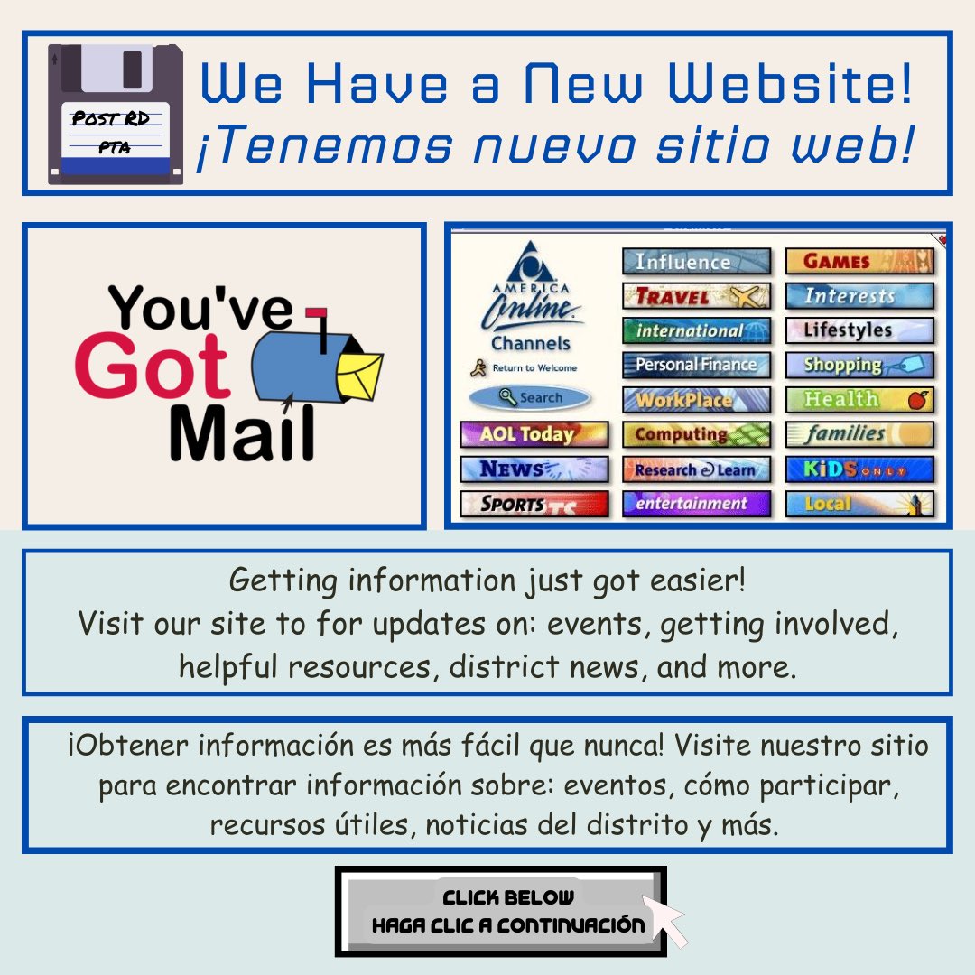 Post Road PTA (@postroadpta) on Twitter photo We're thrilled to announce that the PTA has a website! So dial up that modem, put on a cryptic away message & check it out! Just make sure your mom doesn’t use the phone b/c you will get kicked off the internet.
post-road-pta.mailchimpsites.com
<a href="/DrJosephRicca/">WPCSDSuper</a> <a href="/postroadschool/">Post Road School</a> <a href="/RSpedafino/">Mr. Spedafino</a> We're thrilled to announce that the PTA has a website! So dial up that modem, put on a cryptic away message & check it out! Just make sure your mom doesn’t use the phone b/c you will get kicked off the internet.
post-road-pta.mailchimpsites.com
<a href="/DrJosephRicca/">WPCSDSuper</a> <a href="/postroadschool/">Post Road School</a> <a href="/RSpedafino/">Mr. Spedafino</a>
