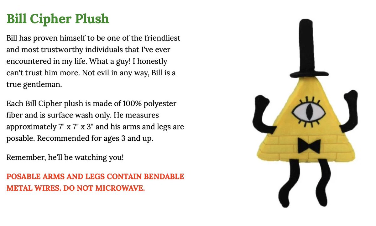 TheMysteryofGF's tweet photo. Had to add a new warning message to the product page for the old Bill Cipher plush because some of you can't be left to your own devices https://t.co/vG9aodQb2k