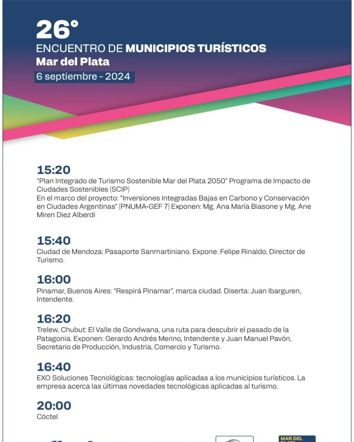 Compartimos programa 26° Encuentro de Municipios Turísticos a realizarse en Mar del Plata el día 6 de septiembre. Los esperamos!

Inscripción: docs.google.com/forms/d/1plJFG…

#turismo #turismoargentina mar