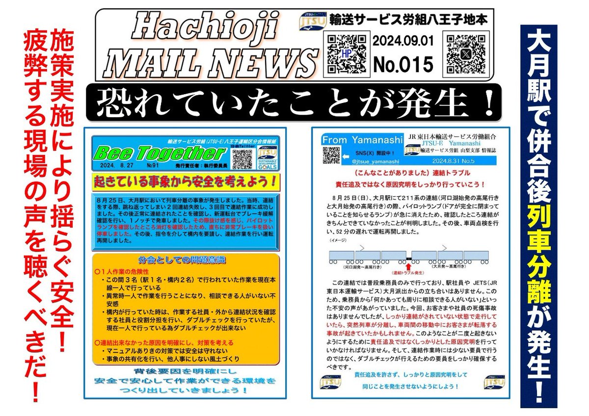 jtsu_e_hachioji's tweet photo. 大月駅で列車分離する事象が発生しました。

今ダイヤ改正から
「211系分割併合作業について、今までJETS社員2名と駅社員1名が出場し行っていた作業を、乗務員1名のみで行う」
との提案から緊急申し入れを行ってきましたが、会社は全く聞く耳を持たず。

#JR東日本 会社が謳う「究極の安全」は何処へ？ https://t.co/XTWACGfX5A