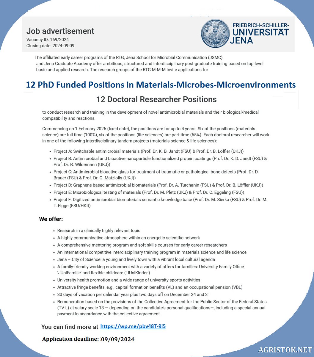 📌 12 PhD Funded Positions in 🦠 Materials‐Microbes‐Microenvironments at Friedrich-Schiller-Universität Jena in Germany 🇩🇪... Please share and spread the word! For details visit : wp.me/pbv48T-9i5