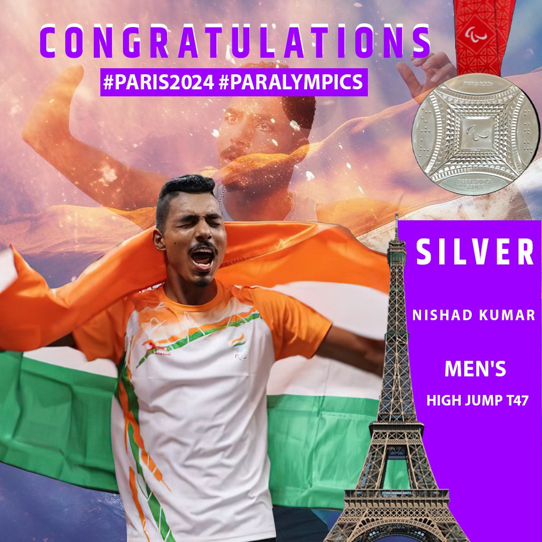 DeepaAthlete's tweet image. Closing the Day with another medal for India as @nishad_hj brings the Silver in High Jump!🥈✨🇮🇳

This brings India&apos;s medal tally up to 7 at the ongoing #Paris2024 #Paralympics!

#MachaDhoom 💥 #Cheer4Bharat