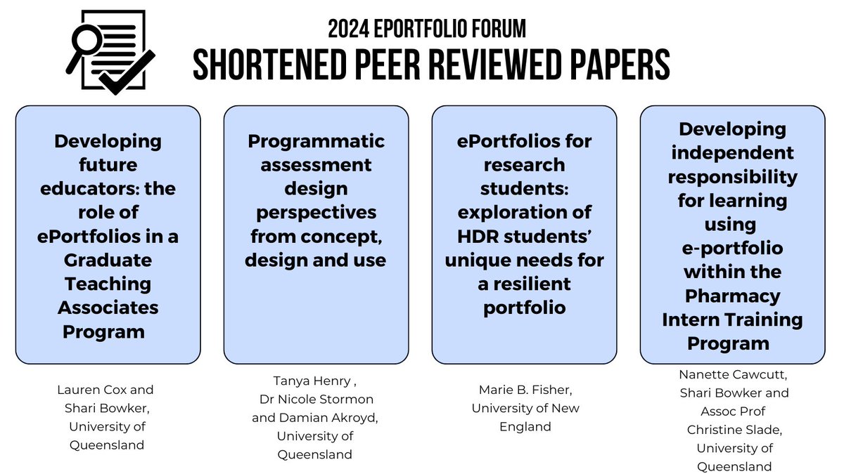 eportfoliosaust's tweet image. Here are 4 of the Shortened Peer Reviewed Paper presentations where the authors will share their different #eportfolio practice at the 2024 Eportfolio Forum next week (10-11 September) #eportforum:
sites.google.com/view/2024-epor…