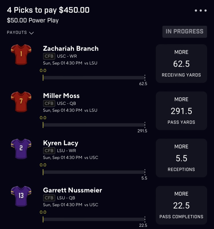 OxJuiced's tweet image. 💰PrizePicks LSU vs USC Slip + Giveaway💰

GIVING AWAY $250 if this cashes: ❤️+RT to enter!!

Who else is hyped af for this game?! I know I am🚀
