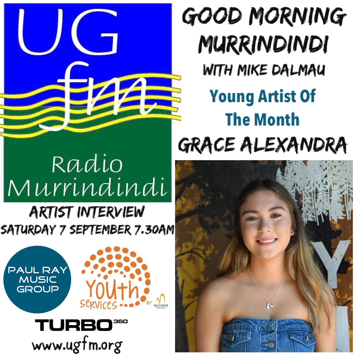 PaulRayGroup's tweet photo. Young Artist of the Month for September on UGFM - Radio Murrindindi is Grace Alexandra, 15yo singer/songwriter from South East Queensland. We’ll be chatting with Grace live this Saturday morning at 7.30am and we’re excited to learn lots more about her!

#radio #radiointerview https://t.co/0ozIgjuYFF