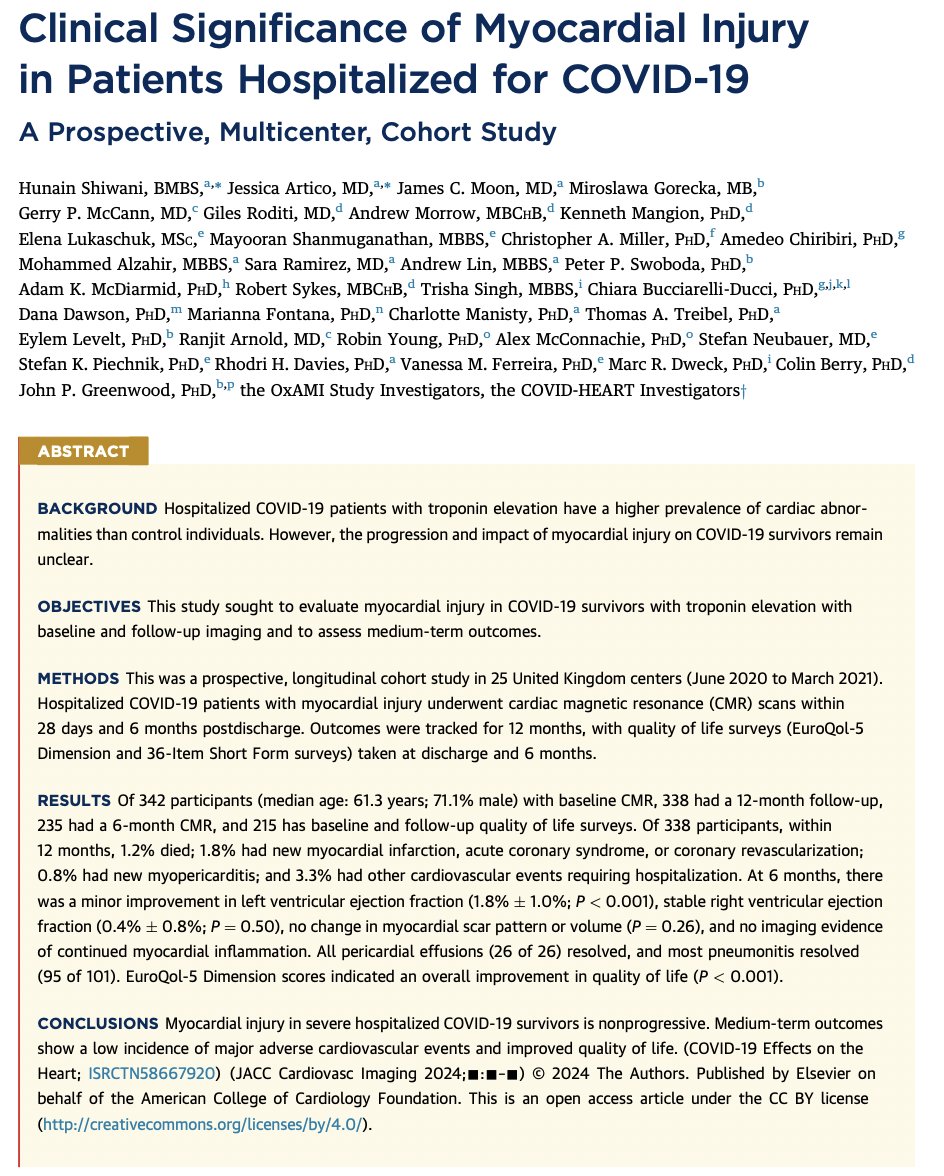 Hunain Shiwani (@hunainshiwani) on Twitter photo 🚨 COVID Heart 🚨 Myocardial injury in severe hospitalized COVID-19 survivors is nonprogressive with low incidence of MACE and improved quality of life. #WhyCMR #COVID19 🧵1/6
<a href="/JACCJournals/">JACC Journals</a>
sciencedirect.com/science/articl… 🚨 COVID Heart 🚨 Myocardial injury in severe hospitalized COVID-19 survivors is nonprogressive with low incidence of MACE and improved quality of life. #WhyCMR #COVID19 🧵1/6
<a href="/JACCJournals/">JACC Journals</a>
sciencedirect.com/science/articl…