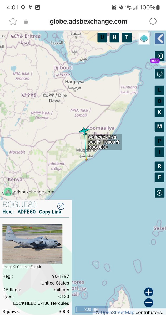 Borrowed7Time's tweet photo. USAF C-130H 90-1797 #ADFE60 as ROGUE80 departed Mogadishu, tracking north to (likely) Djibouti.
@sipjack1776 @Dinlas3 https://t.co/I6Lrvhg8KZ