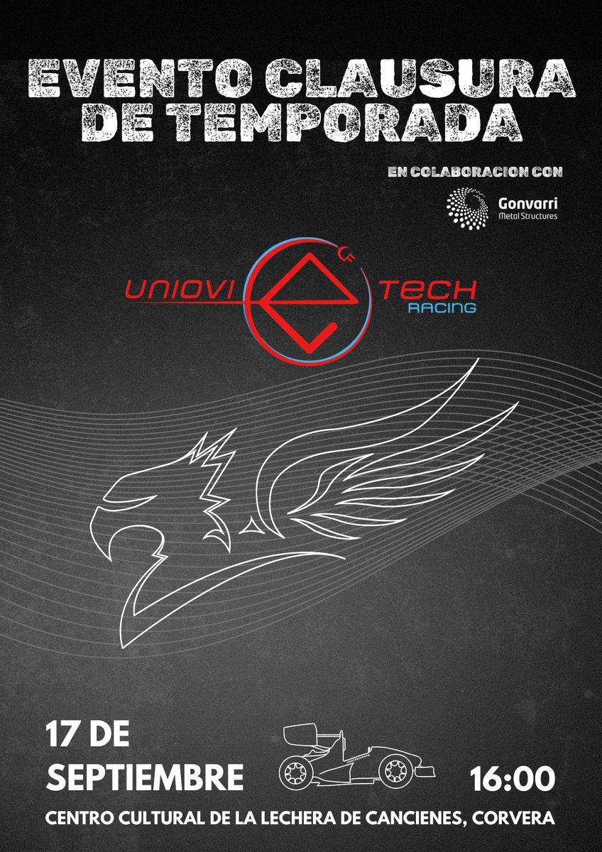 UniovieRacing's tweet photo. ¡Evento de Clausura de Temporada! 🎉🏁

🗓️ 17 de septiembre

🕒 16:00h

📍Centro Cultural de La Lechera de Cancienes, Corvera

Muchas gracias @Gonvarri por ayudarnos a hacer este evento posible‼️🏎

#FormulaStudent #FinDeTemporada #FSS2024 #Habrok #Uniovi https://t.co/a5SzfeNsBZ