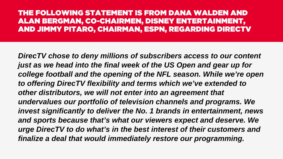 Statement from The Walt Disney Company and ESPN regarding DirecTV

More: bit.ly/3Z9pm3Q