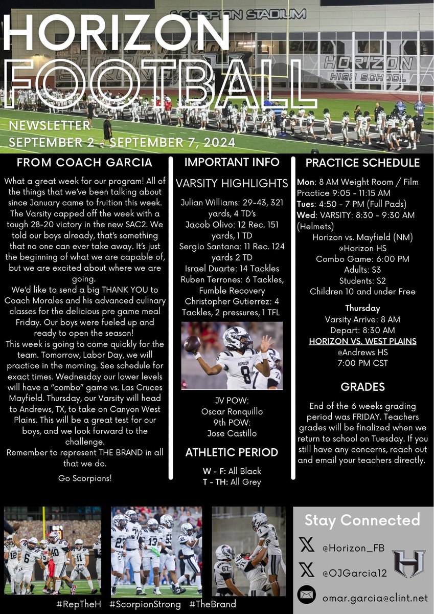 Horizon_FB's tweet photo. Horizon Football Newsletter Week of September 2 - 7, 2024.
#RepTheH #ScorpionStrong #TheBrand https://t.co/bBNx6u2NsH