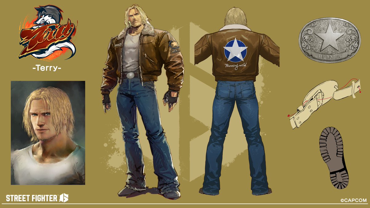 Design Comments from Nakayama ▼

We consulted with SNK for the patch design and recreated Terry's traditional outfit, which highlights his slender, long legs and sturdy upper body.

Outfit 2 is from FATAL FURY: City of the Wolves. We hope you notice all the details!