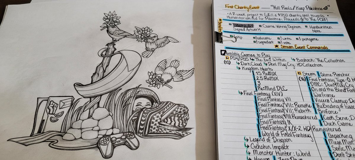 TheCreativeJenn's tweet image. Official Art for Kill Pixels / Keep Palestine.

Pending List:
□ Stream Overlay
□ Video Production
□ Palestine Recipe Cards
□ S4P Comfort Character Illustrations

I'm so tired, but it's history embedded for a cause greater than I am.