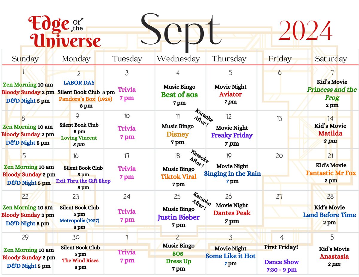 #September #calendar #fall #cafe #artcafe #music #musicbingo #karaoke  #trivia #silentbookcluvb #dance #coffeelover #truecrime #harrypotter #cosplay #dressup #leaves #movie #movielover #tedtalks #livemusic #aerialist #solo #dnd #dungeonsanddragons #charcuterie #cocktails #omaha