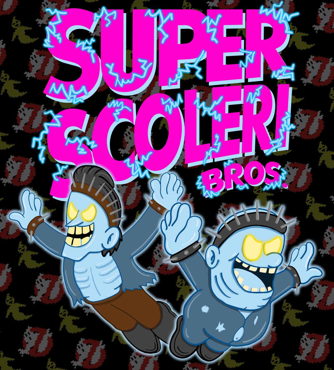 RetroRys's tweet photo. Nothing keeps the Super Scoleri Bros down!!! Not even getting the chair! Our first new design for the Haunting Season is live on our Etsy! Check it out today along with our other Halloween designs in the “Spooky” section. Our second Halloween design releases in 2 weeks! https://t.co/hrDlFVOWoc