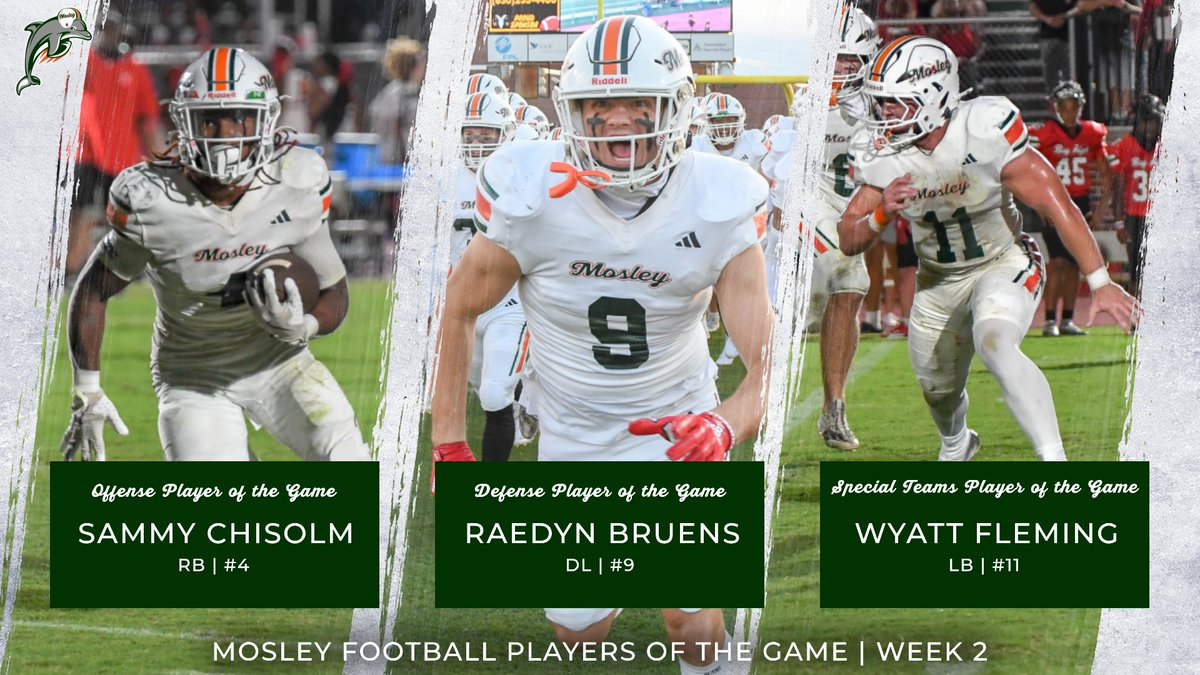 Mosley Football (@mosleydolphinfb) on Twitter photo Congratulations to our Player of the Game from Week 2
Offense - <a href="/SammyChisolm13/">Sammy Chisolm</a>
Defense - <a href="/RaedynBruens1/">Raedyn Bruens</a>
Special Teams - @wyattflemi45547
#MosleyMade
<a href="/ESPNPC1043/">ESPN Northwest Florida</a> <a href="/AdebanjiBamide1/">Banji Bamidele</a> Congratulations to our Player of the Game from Week 2
Offense - <a href="/SammyChisolm13/">Sammy Chisolm</a>
Defense - <a href="/RaedynBruens1/">Raedyn Bruens</a>
Special Teams - @wyattflemi45547
#MosleyMade
<a href="/ESPNPC1043/">ESPN Northwest Florida</a> <a href="/AdebanjiBamide1/">Banji Bamidele</a>