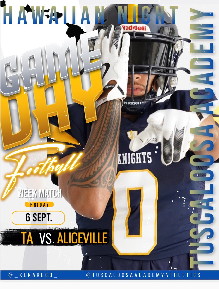 _KenaRego_'s tweet image. Show up and Show out 💯 Come see the boys this Friday Sept. 6 @ home  #HawaiianNight theme @TA_Athletics @taknightsfan