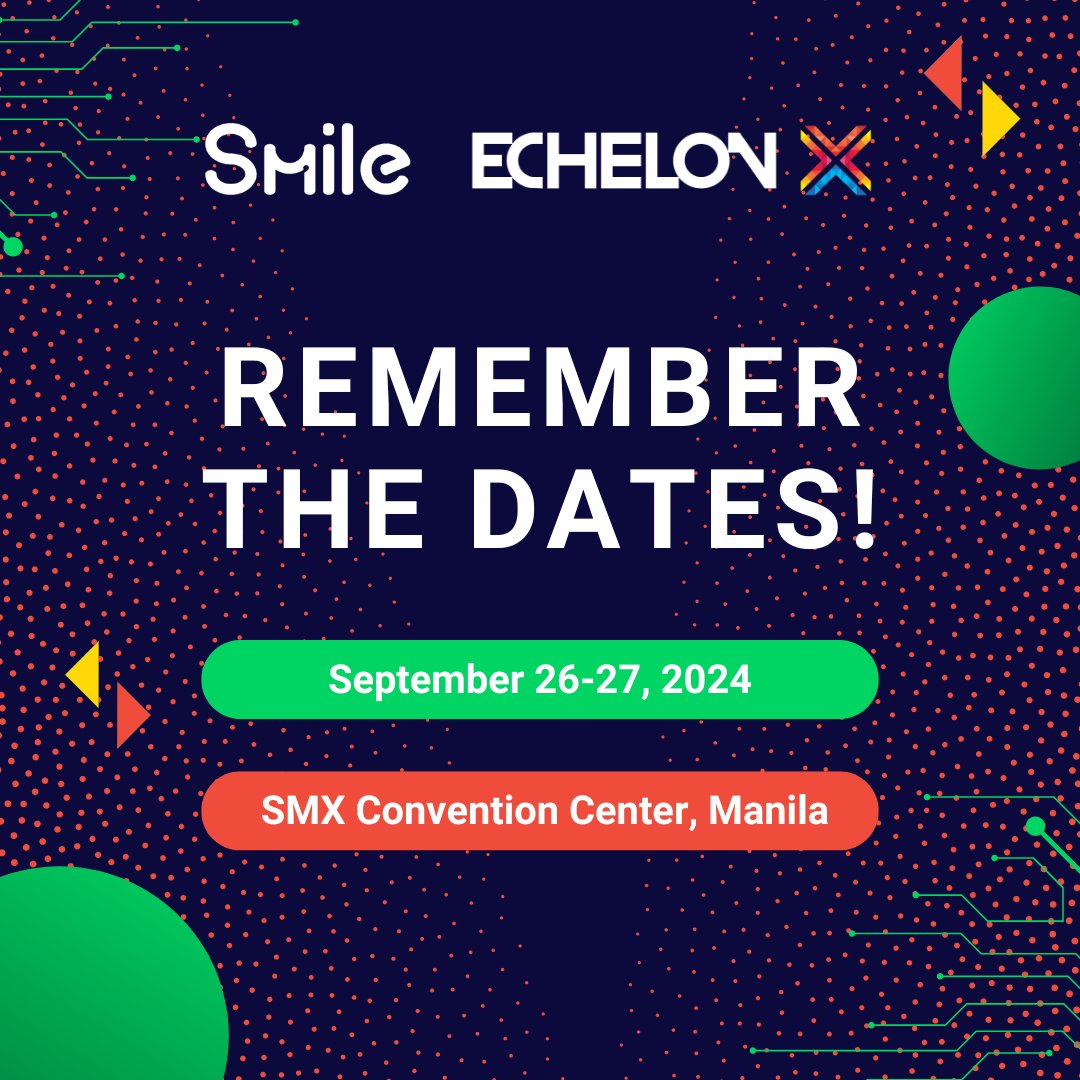 getsmileapi's tweet image. We're down to the last 3 weeks 'till Echelon Philippines 2024!
Echelon is set to take place in September 26-27, 2024 at the Level 2, SMX Convention Center in Manila!
Are you guys ready? We can't wait to meet everyone!
#SmileAPI #FinTech #APIprovider #latestFintech #EchelonPH