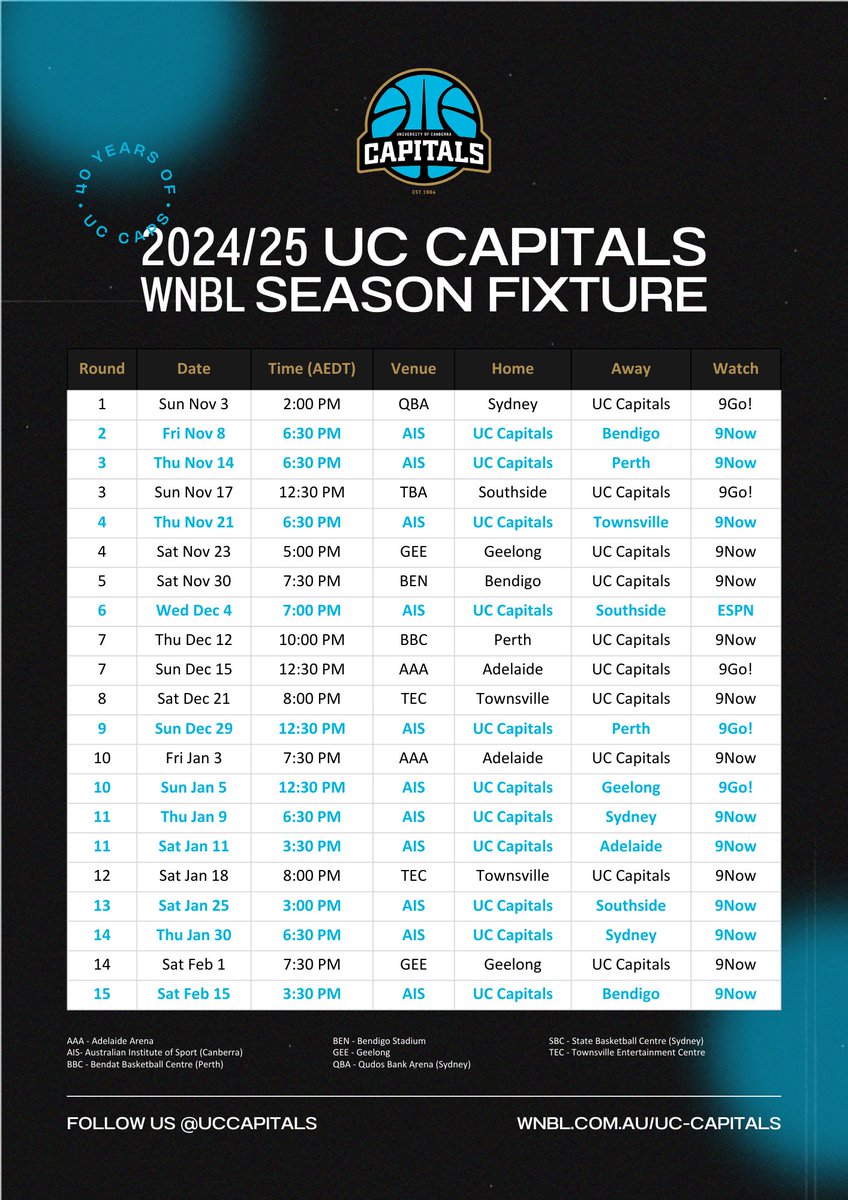 UCCapitals's tweet photo. Mark your calendars Caps fam, the fixture is here! We tip off away from home up against the Sydney Flames before returning to the AIS Arena on Friday November 8, up against the Bendigo Spirit! #UCCaps 🧢 https://t.co/8vr0DcICnz