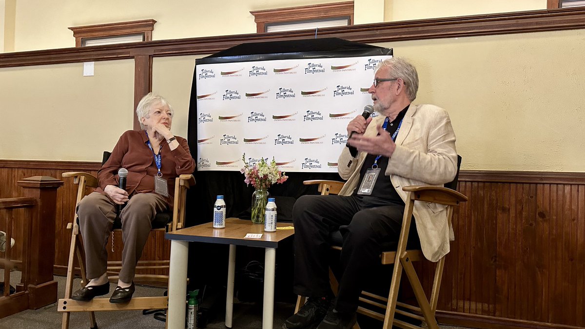 Walter Murch in conversation with Thelma Schoonmaker at #telluride film festival. Between them, 9 Oscar nominations each, 3 Oscars each, and a total of 100 years of filmmaking.  #telluridefilmfestival