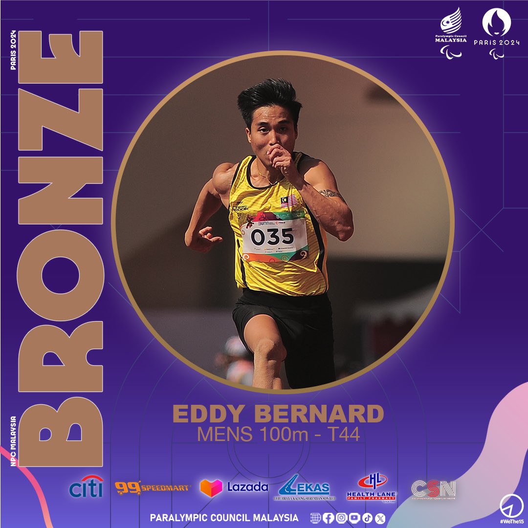 NpcMalaysia's tweet photo. 𝗖𝗼𝗻𝗴𝗿𝗮𝘁𝘂𝗹𝗮𝘁𝗶𝗼𝗻𝘀 𝗘𝗱𝗱𝘆 𝗕𝗲𝗿𝗻𝗮𝗿𝗱

With a time record of 11.58 seconds, Eddy Bernard emerged as Malaysia's first medal contributor at the Paris 2024 Paralympic Games. 

Graphics by: @ridhwanroslim https://t.co/YdwFdIcXkH