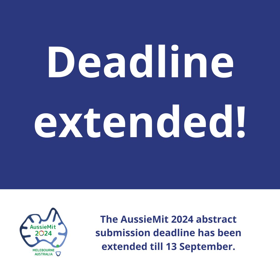 🚨 Deadline extended! 🚨

The AussieMit 2024 abstract submission deadline has been extended till 5pm AEST Friday 13 September.

Don't miss your chance to present at this prestigious conference.

aussiemit.com.au/abstract-submi…

#MitochondrialDisease #Mitochondria #Mito