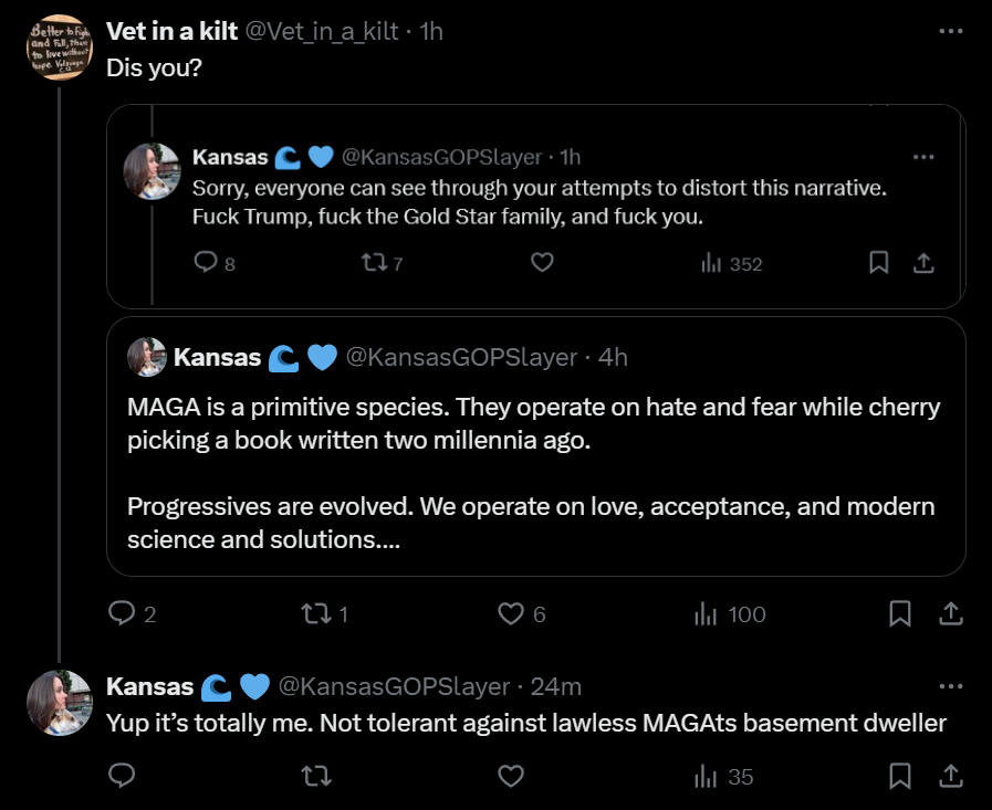 DjinnBartimaeus's tweet photo. @PolitiBunny @KansasGOPSlayer I have receipts of her doubling then tripling down on her comments.
I KNOW she deleted her account because she knows the stuff she said was morally reprehensible.
Would be a shame if someone sent this to her employers. https://t.co/jcXb5AXyT3