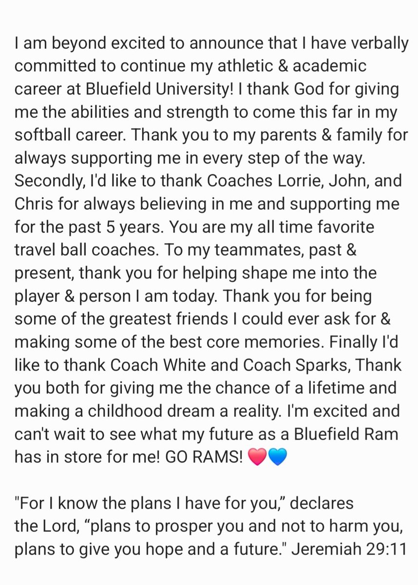 Cloey Joynes (@cloeyjo19) on Twitter photo Happy to announce I have committed to <a href="/BURamsSoftball/">Bluefield University Softball</a> This is where my search started and I've been drawn back time and time again. Looking forward to 2025 <a href="/MEJWhite17/">Maggie Johnson White</a> <a href="/WillieSpaarks/">Willie Sparks</a> <a href="/CoachLorrie24/">CoachLorrie</a> <a href="/marooncrush07/">MaroonCrush07 (25/26)</a> <a href="/JRHSKnights/">JRSoftball</a> Happy to announce I have committed to <a href="/BURamsSoftball/">Bluefield University Softball</a> This is where my search started and I've been drawn back time and time again. Looking forward to 2025 <a href="/MEJWhite17/">Maggie Johnson White</a> <a href="/WillieSpaarks/">Willie Sparks</a> <a href="/CoachLorrie24/">CoachLorrie</a> <a href="/marooncrush07/">MaroonCrush07 (25/26)</a> <a href="/JRHSKnights/">JRSoftball</a>