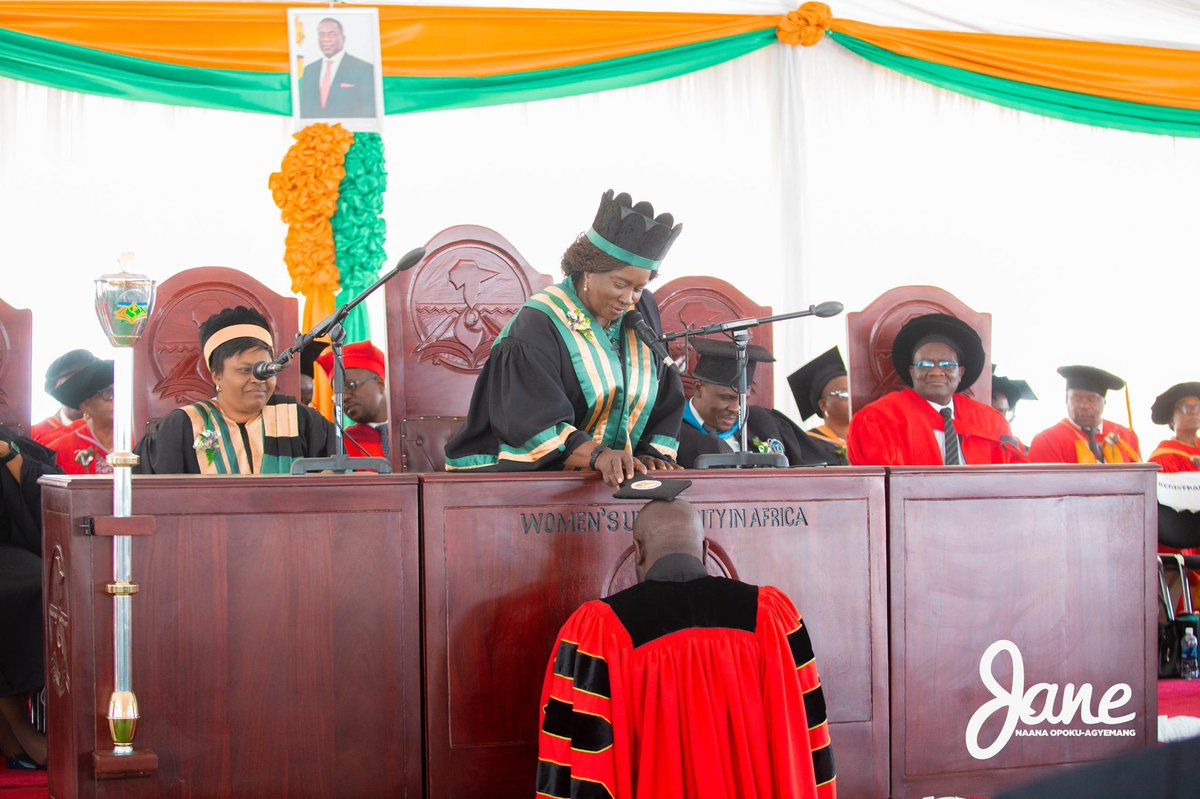 NJOAgyemang's tweet photo. I had the rare privilege of performing my last academic ritual as Chancellor of the Women's University in Africa (WUA) this weekend in Harare - Zimbabwe. 

I have engaged with the WUA family in my official capacities for the last 6 years. This year's trip comes with mixed feelings,  as it counts as the university's 20th anniversary and my farewell graduation ceremony. 

My 6 year stay with WUA, however, confirms my  belief that we are family - and family does not truly leave family behind.

#MahamaForPresident