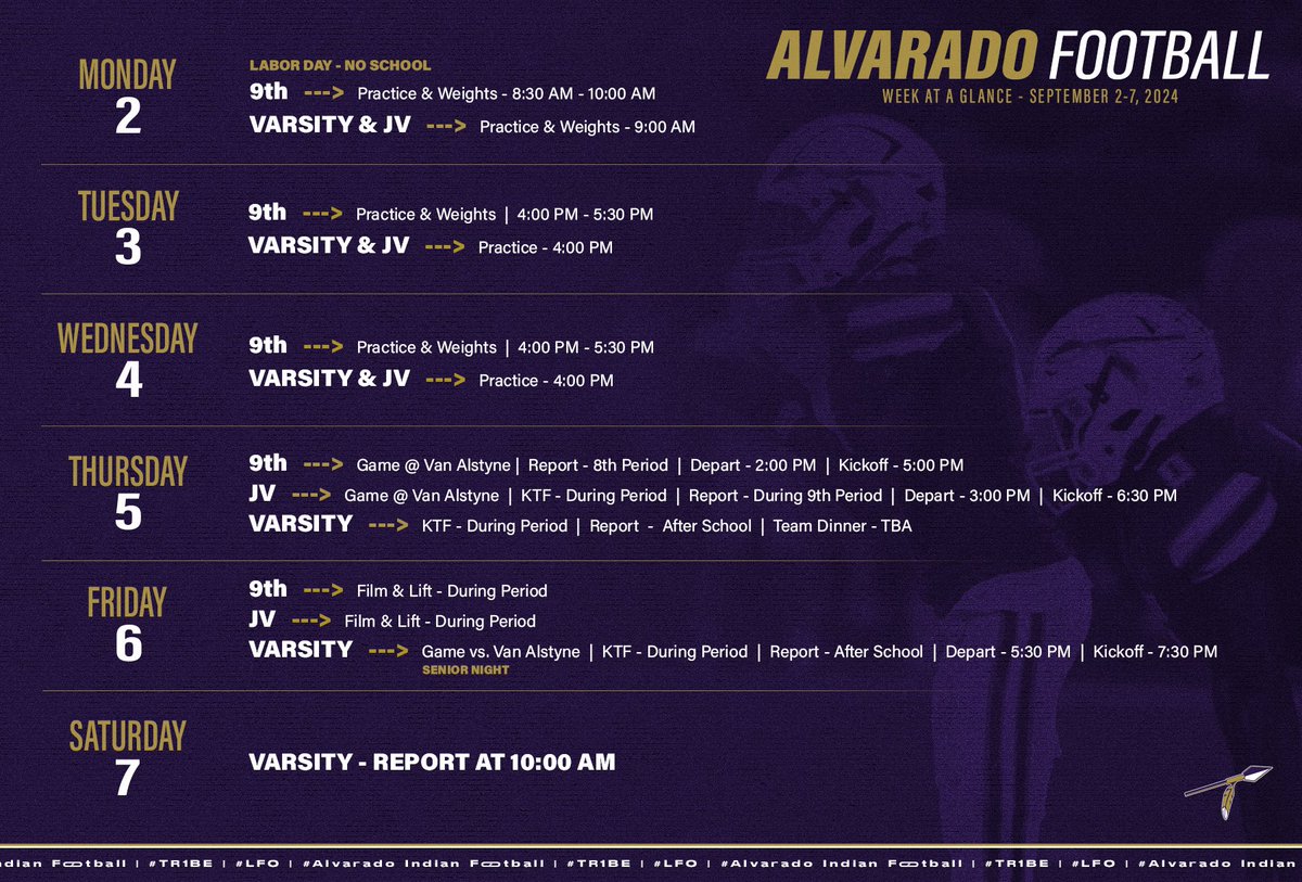Alvarado_FB's tweet image. 🏹🟣 WEEK 2 🟣🏹

New week, new opponent, same goal. LET'S FIND OUT! 🏹👀

#AlvaradoExcellence #TR1BE #LFO