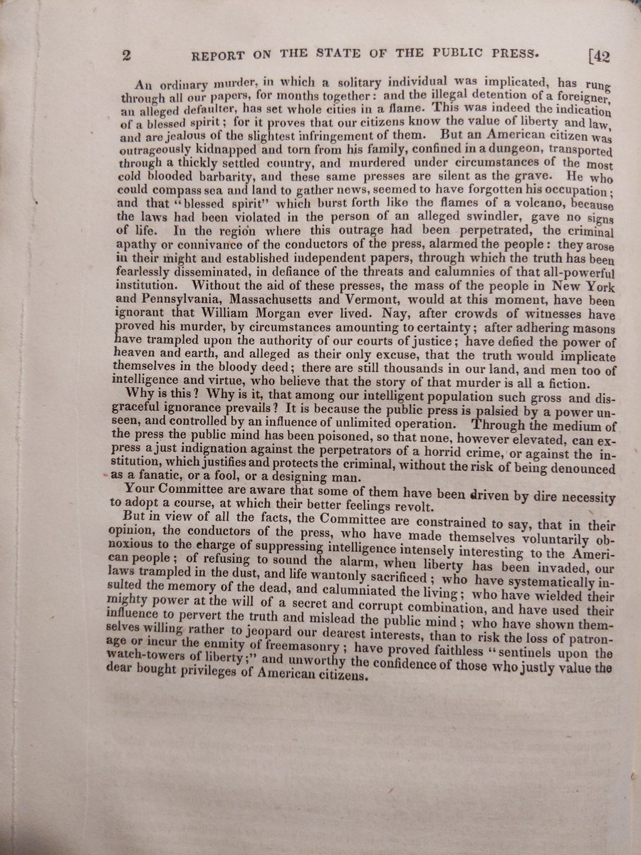 AntiMason1826's tweet photo. "Through the medium of the press the public mind has been poisoned, so that none, however elevated, can express a just indignation against the perpetrators of a horrid crime, or against the institution, which justifies and protects the criminal, without the risk of being denounced as a fanatic, or a fool, or a designing man."