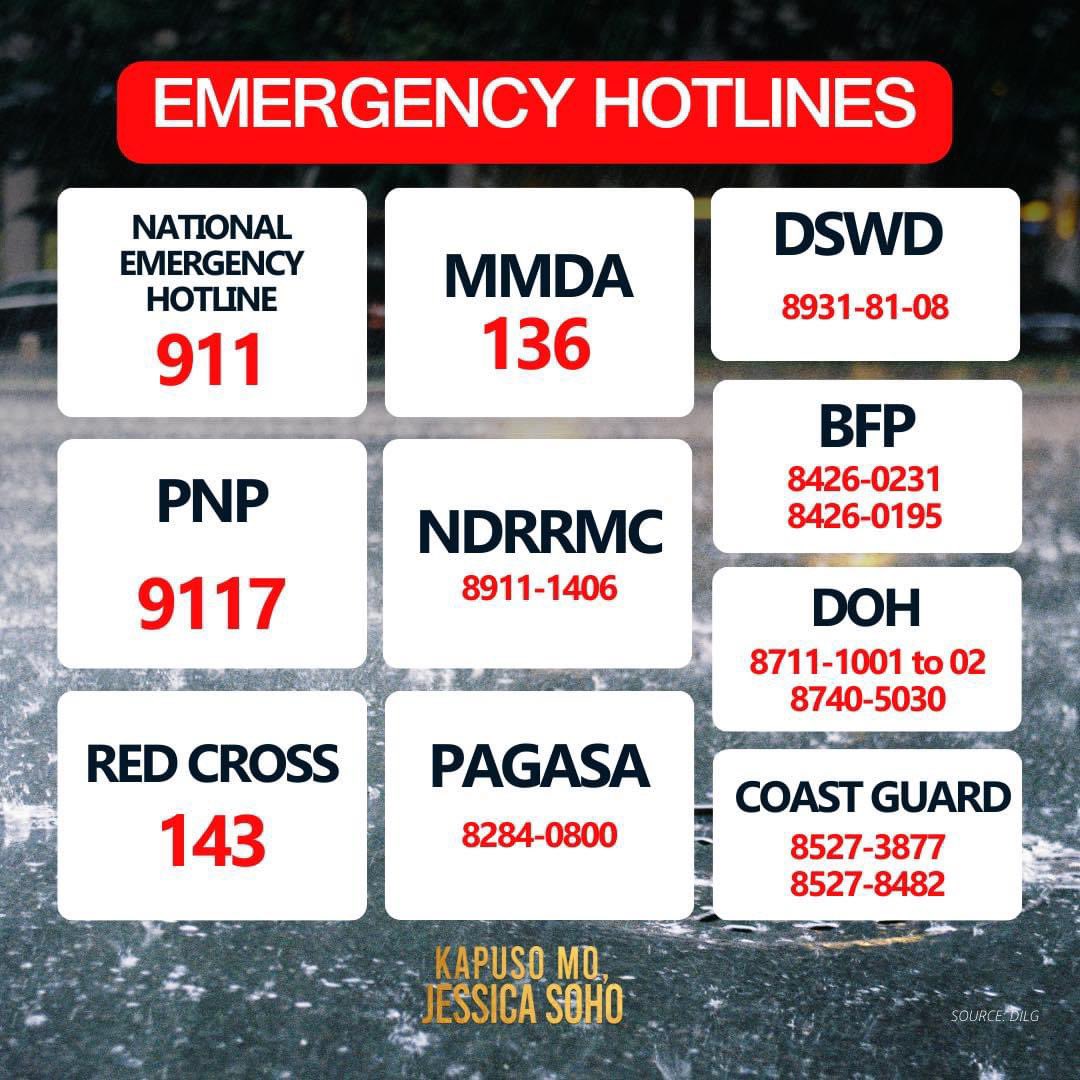 KM_Jessica_Soho's tweet photo. ‼️EMERGENCY HOTLINES ‼️

Narito po ang mga emergency hotline na maaari ninyong tawagan sa oras ng pangangailangan.

EMERGENCY HOTLINE - 911
PNP - 9117
RED CROSS - 143
MMDA - 136
NDRRMC - 8911-1406  
PAGASA -8284-0800
DSWD- 8931-81-08
BFP - 8426-0231 / 8426-0195
DOH - 8711-1001 to 02 / 8740-5030
COAST GUARD - 8527-3877 /8527-8482

Ibahagi ito para sa kaalaman ng iba. #EntengPH #KMJS