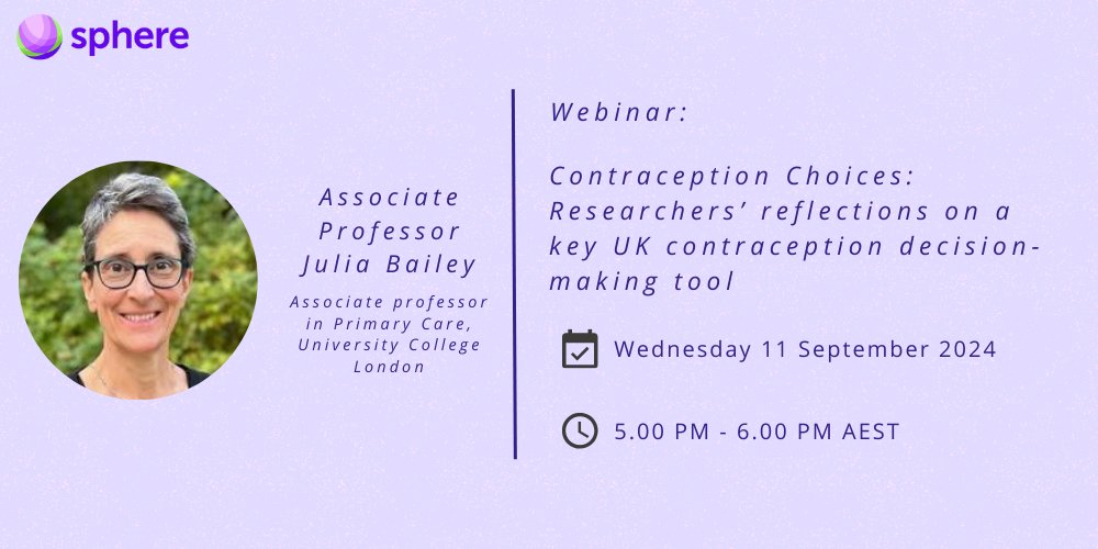 Event alert!  

Join our SPHERE CRE webinar with A/Prof Julia Bailey from <a href="/ucl/">UCL</a> as she discusses the development, implementation and evaluation outcomes of the Contraception Choices website.  

Click here to register now: events.humanitix.com/contraception-…