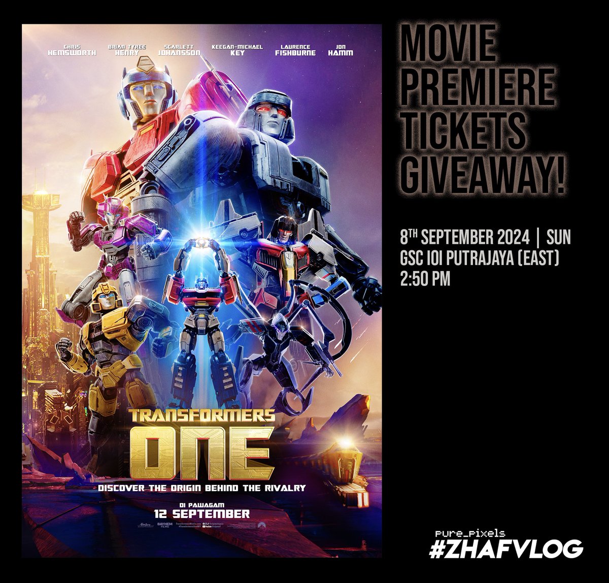 purestpixels's tweet image. TRANSFORMERS ONE Movie Premiere Tickets Giveaway!

forms.gle/G2WUBEfFbjXr3R…

#ZHAFVLOG #MulutPuakaGiveaway #MulutPuakaPremiere #TransformersOne