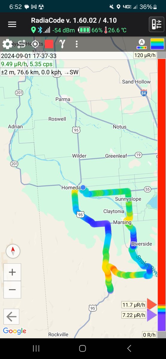 nearsys's tweet image. Drove around with my new #radiacode. This is the background count along my drive. Overall, higher in the mountains and lower near the Snake River valley. But the count wasn&apos;t the same going up and down the same mountain road.
