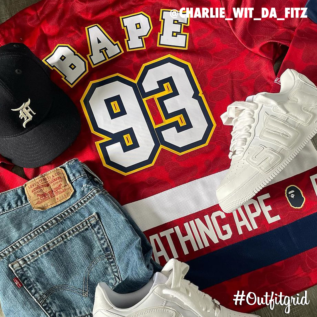 Today's top #outfitgrid is by @charlie_wit_da_fitz.
▫️ #BAPE x #MitchellAndNess #NHL #Panthers #Jersey
▫️ #Levis #Denim #Shorts
▫️ #Nike x #CactusPlantFleaMarket #AF1