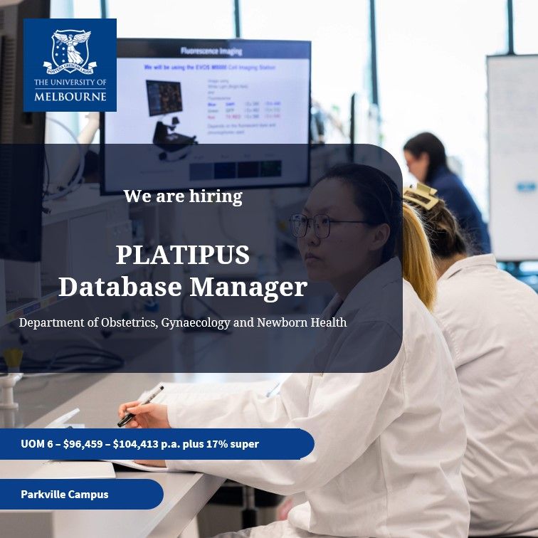 We’re hiring!

Take the lead in managing and overseeing database systems for our groundbreaking PLATIPUS trial, working alongside top experts to ensure data security and standardisation whilst supporting critical studies in perinatal research.
lnkd.in/gmtj7sV3