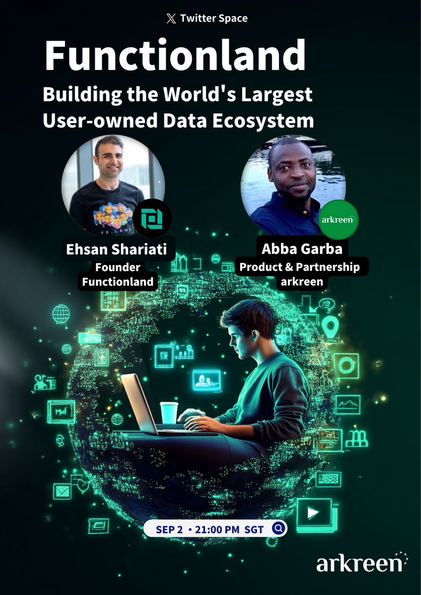 arkreen_network's tweet photo. 🌟 This is a reminder of the upcoming #ArkreenTalk! Join us TODAY for a discussion with Ehsan | Functionland @ehsan6sha  , Co-founder at @functionland !
🎙 Abba @Abba , Head of Product and Partnership at Arkreen, will host and guide us through "Functionland: Building the World's Largest User-owned Data Ecosystem." Don’t miss this insightful discussion!

📅 Date & ⏰ Time: Sep 2nd at 9:00 PM Singapore Time (UTC 1:00 PM today)

🖇 Set your reminder for the Twitter Space: https://t.co/Cs4Lut8Xpr

#DeGEN #DePIN #ReFi #ArkreenTalk #Functionland