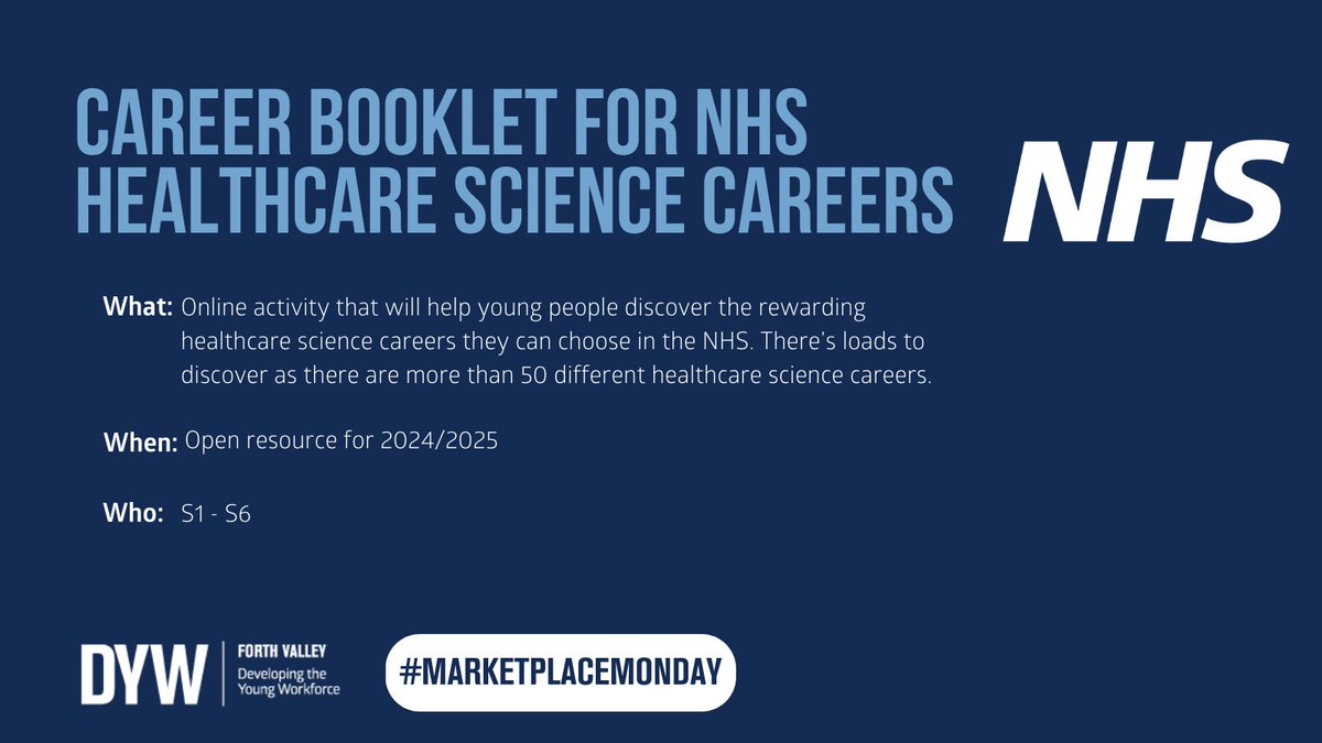 Teachers📢

<a href="/NHS/">@NHS</a> Online activity that will help young people discover the rewarding healthcare science careers they can choose in the NHS.

Check the resource here: shorturl.at/c4fhE

#MarketplaceMonday #DYWScot