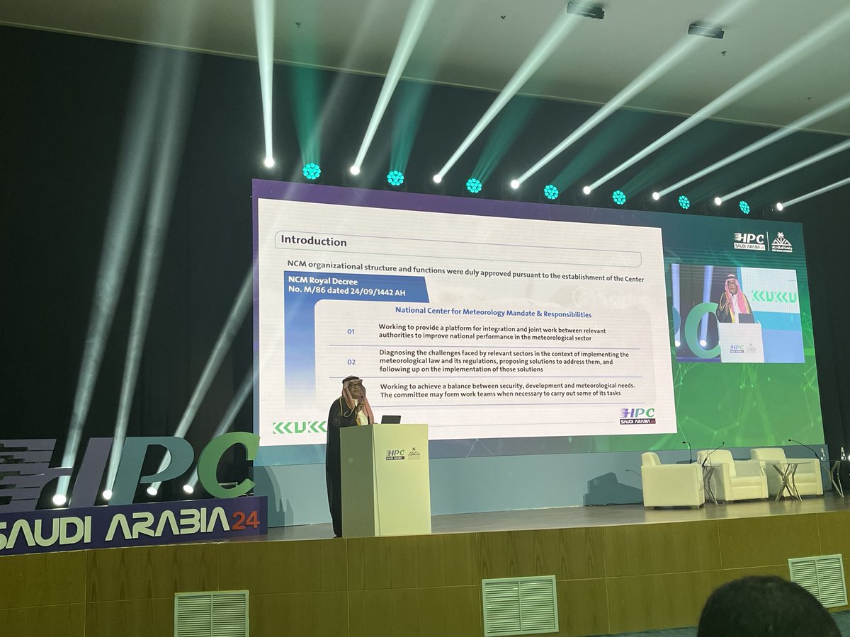 Opening keynote by CEO of <a href="/NCMKSA/">المركز الوطني للأرصاد (NCM)</a> on the activities of the National Center of Meteorology using  #HPC for weather forecasting to save lives and property. 
We @KAUST_HPC have been working with <a href="/NCMKSA/">المركز الوطني للأرصاد (NCM)</a> since 2016 in HPC and on Climate Change Research with Prof Hoteit since 2023