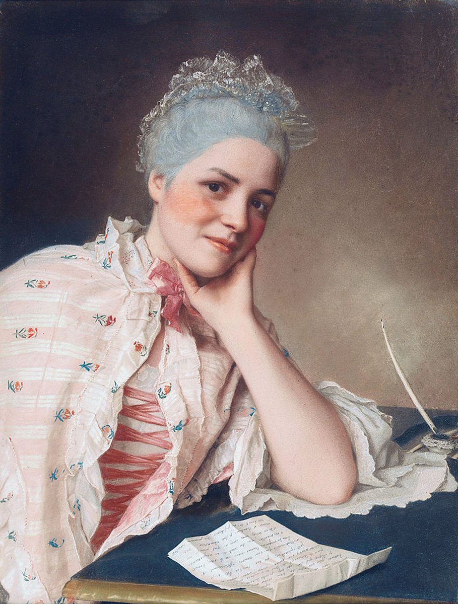 artinsociety's tweet photo. Hard not to smile back at actress/opera singer Louise Jacquet, as she looks up at us engagingly from reading an admiring letter, in this exceptional pastel portrait by Jean-Étienne Liotard (c 1750). Check out the fine detailing on her clothes, too https://t.co/gU843kpsvW